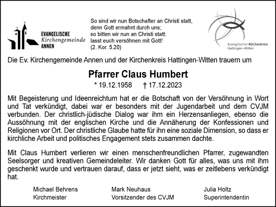Traueranzeige von Claus Humbert von Tageszeitung