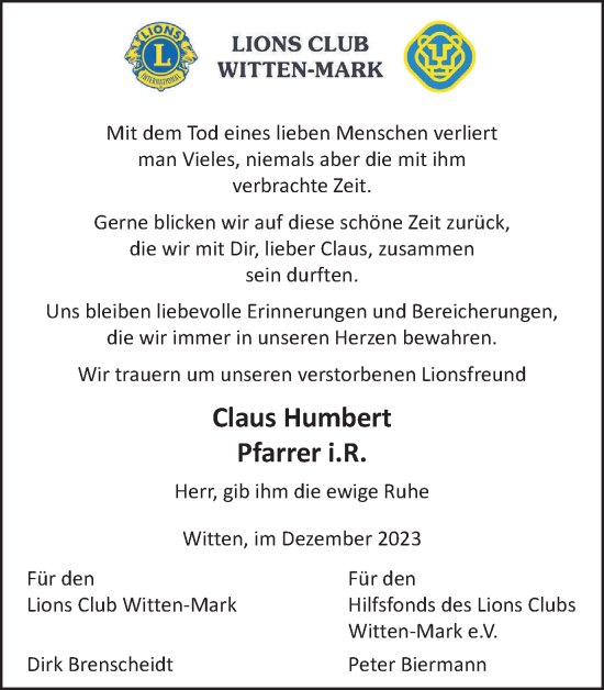 Traueranzeige von Claus Humbert von Tageszeitung