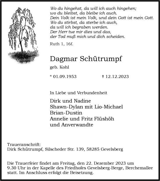 Traueranzeige von Dagmar Schütrumpf von Tageszeitung