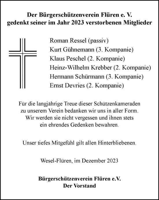 Traueranzeige von Der Bürgerschützenverein Flüren e. V. gedenkt seiner im Jahr 2023 verstorbenen Mitglieder  von Tageszeitung