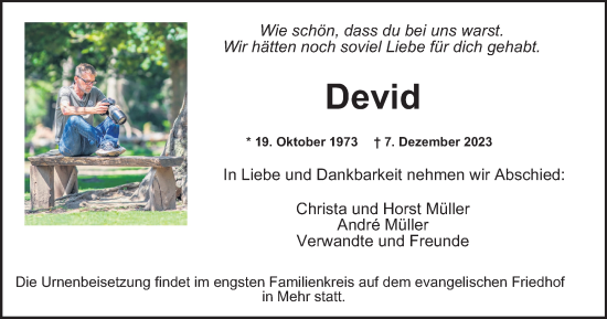 Traueranzeige von Devid  von Tageszeitung