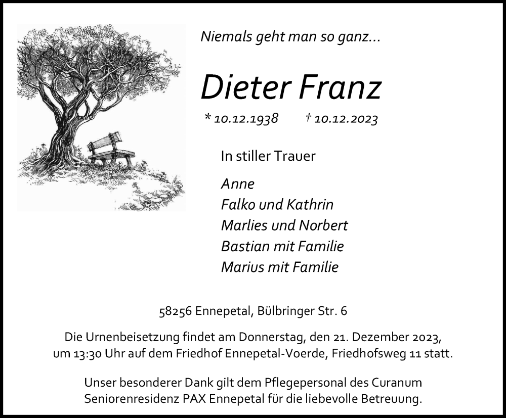  Traueranzeige für Dieter Franz vom 16.12.2023 aus Tageszeitung