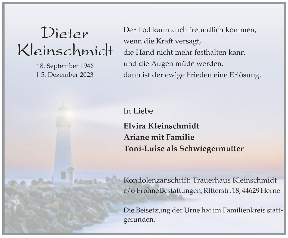  Traueranzeige für Dieter Kleinschmidt vom 16.12.2023 aus Tageszeitung