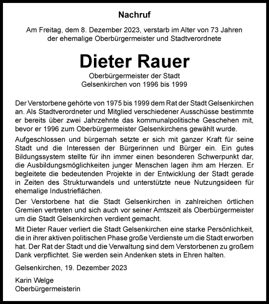 Traueranzeige von Dieter Rauer von Tageszeitung
