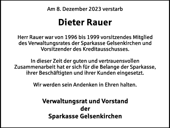 Traueranzeige von Dieter Rauer von Tageszeitung