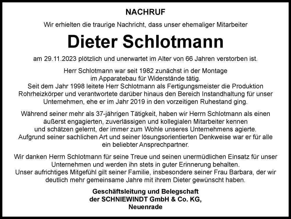  Traueranzeige für Dieter Schlotmann vom 09.12.2023 aus Tageszeitung