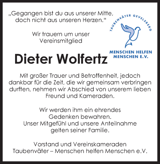 Traueranzeige von Dieter Wolfertz von Tageszeitung