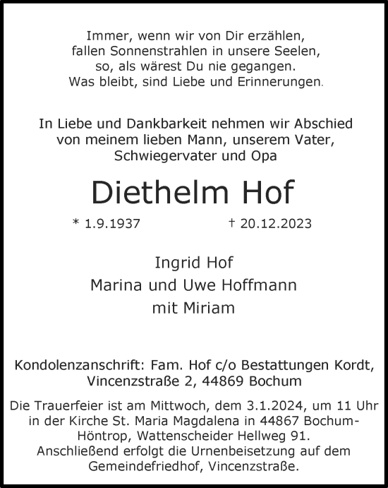 Traueranzeige von Diethelm Hof von Tageszeitung