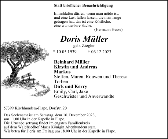 Traueranzeige von Doris Müller von Tageszeitung