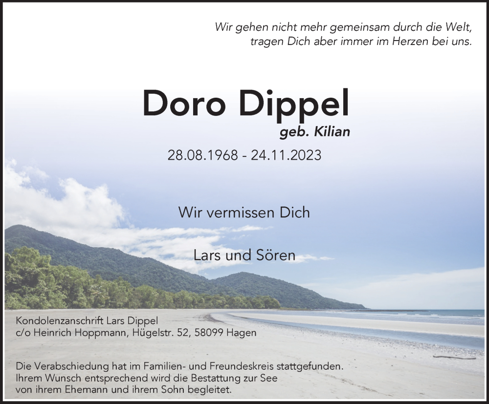  Traueranzeige für Doro Dippel vom 02.12.2023 aus Tageszeitung