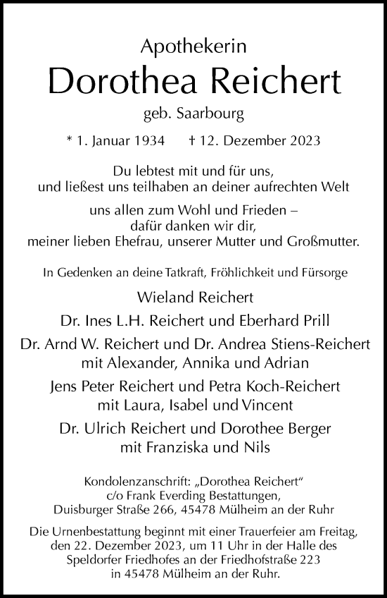 Traueranzeige von Dorothea Reichert von Tageszeitung