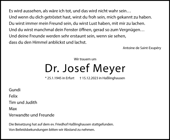 Traueranzeige von Dr. Josef Meyer von Tageszeitung
