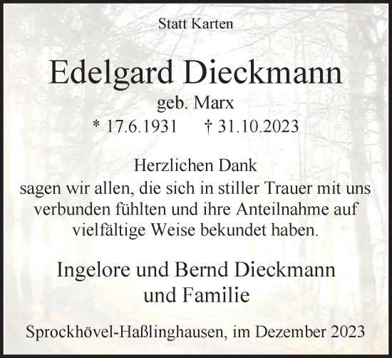 Traueranzeige von Edelgard Dieckmann von Tageszeitung