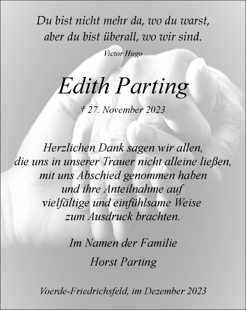  Traueranzeige für Edith Parting vom 16.12.2023 aus Tageszeitung