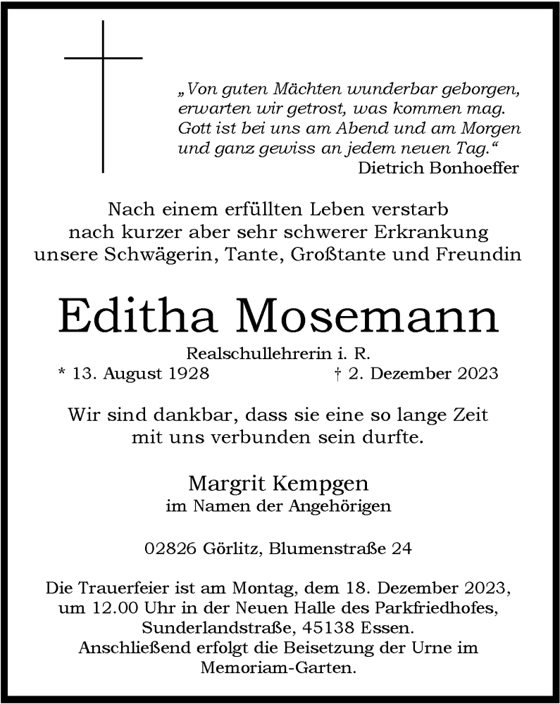  Traueranzeige für Editha Mosemann vom 13.12.2023 aus Tageszeitung