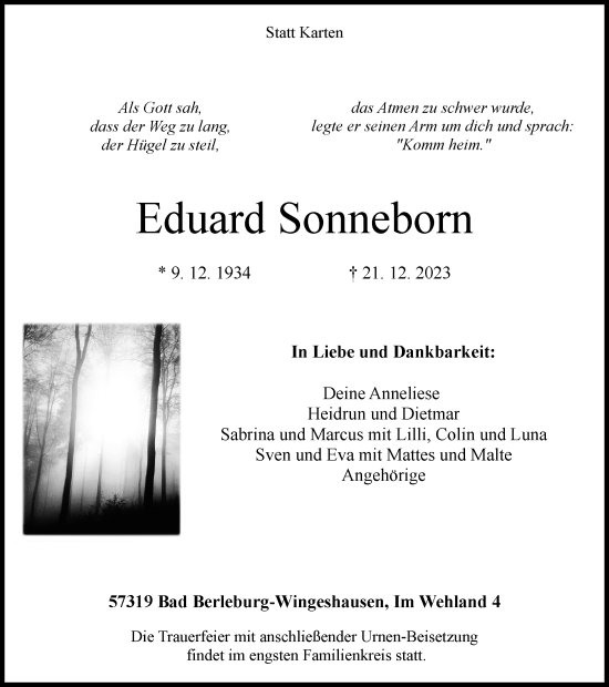 Traueranzeige von Eduard Sonneborn von Tageszeitung