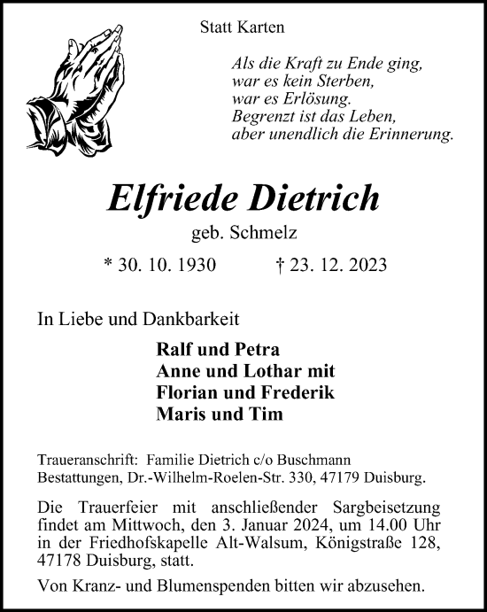 Traueranzeige von Elfriede Dietrich von Tageszeitung
