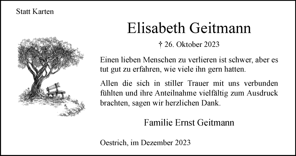  Traueranzeige für Elisabeth Geitmann vom 02.12.2023 aus Tageszeitung
