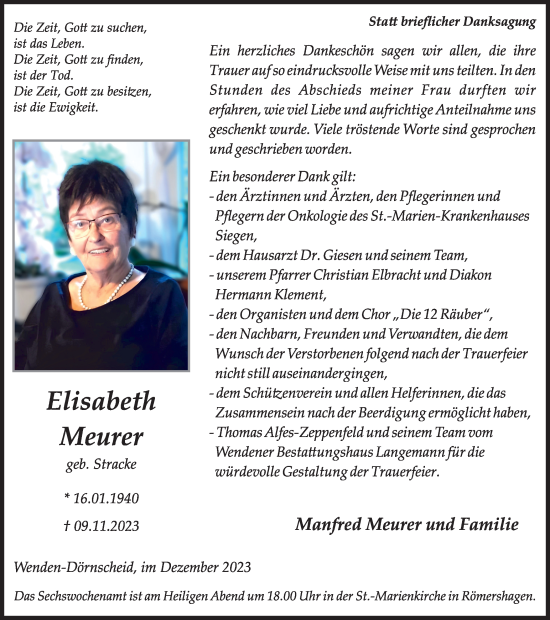 Traueranzeige von Elisabeth Meurer von Tageszeitung
