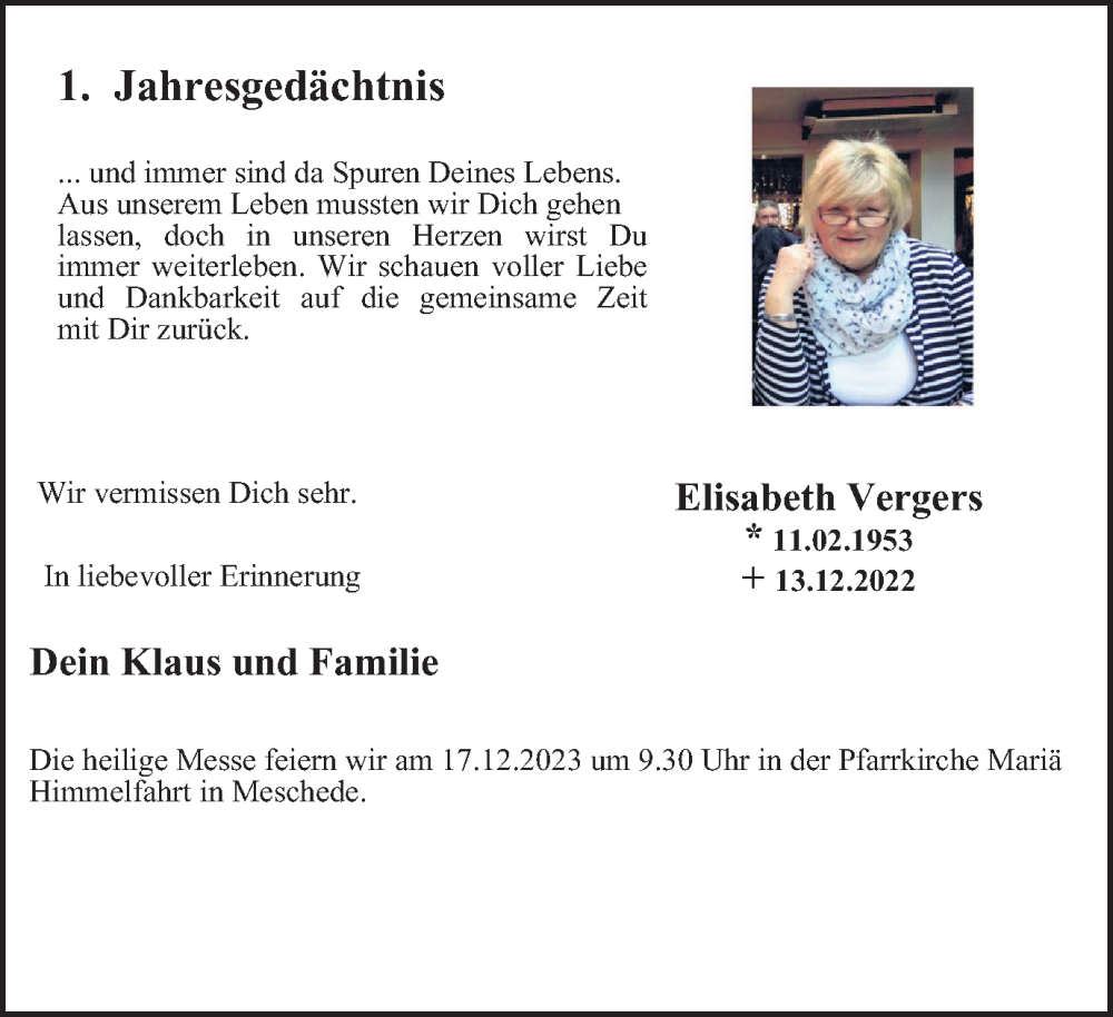  Traueranzeige für Elisabeth Vergers vom 14.12.2023 aus Tageszeitung