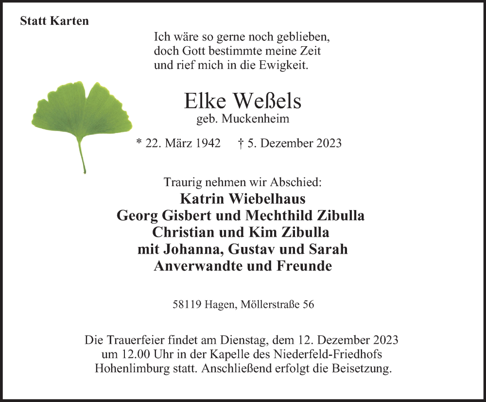  Traueranzeige für Elke Weßels vom 08.12.2023 aus Tageszeitung