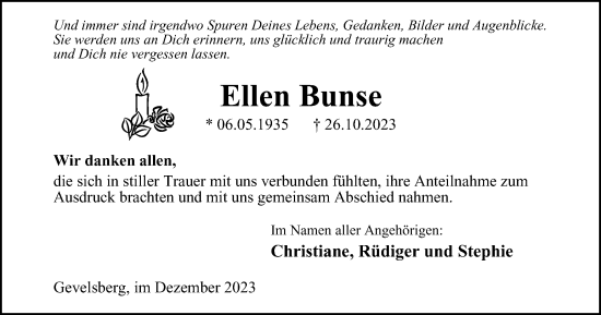 Traueranzeige von Ellen Bunse von Tageszeitung