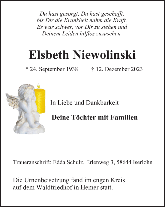 Traueranzeige von Elsbeth Niewolinski von Tageszeitung