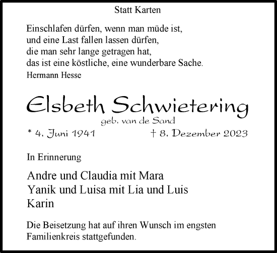 Traueranzeige von Elsbeth Schwietering von Tageszeitung