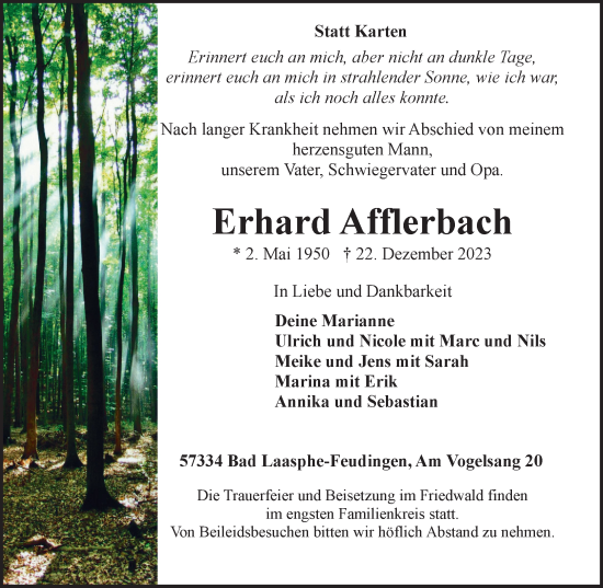Traueranzeige von Erhard Afflerbach von Tageszeitung