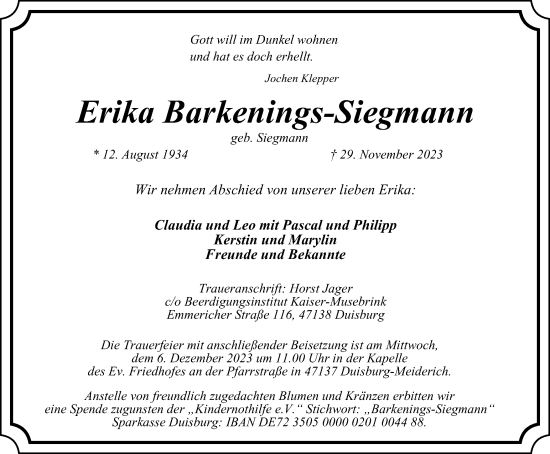 Traueranzeige von Erika Barkenings-Siegmann von Tageszeitung