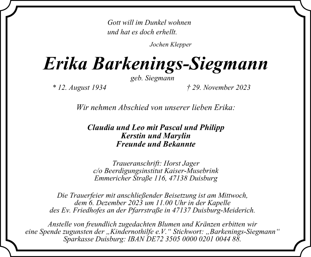  Traueranzeige für Erika Barkenings-Siegmann vom 02.12.2023 aus Tageszeitung