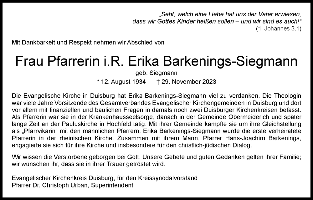  Traueranzeige für Erika Barkenings-Siegmann vom 08.12.2023 aus Tageszeitung