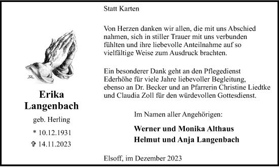 Traueranzeige von Erika Langenbach von Tageszeitung