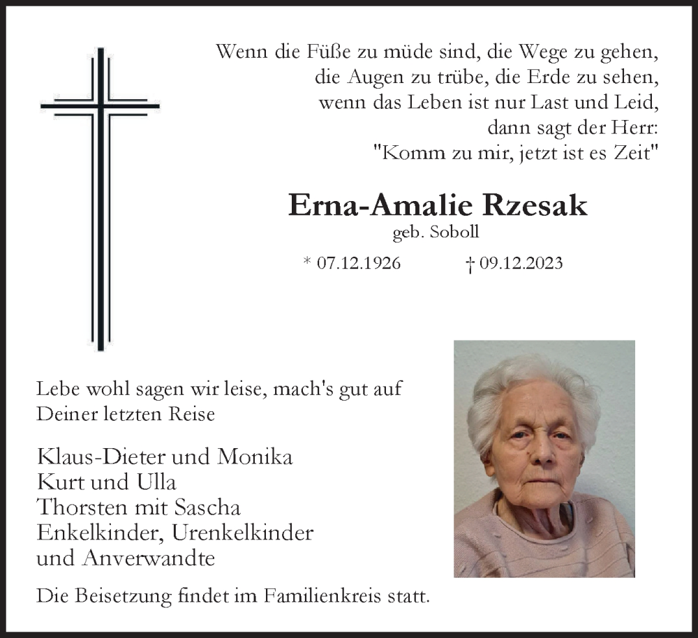  Traueranzeige für Erna-Amalie Rzesak vom 14.12.2023 aus Tageszeitung
