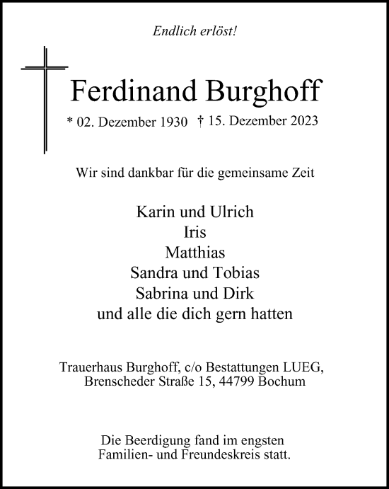 Traueranzeige von Ferdinand Burghoff von Tageszeitung