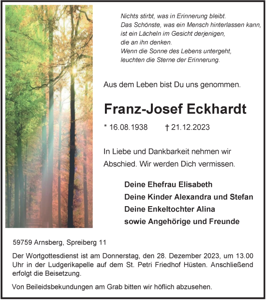 Traueranzeige von Franz-Josef Eckhardt von Tageszeitung
