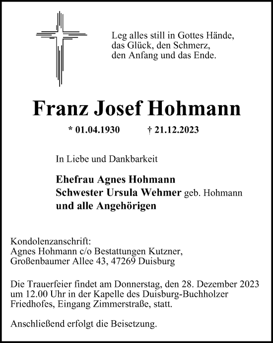 Traueranzeige von Franz Josef Hohmann von Tageszeitung