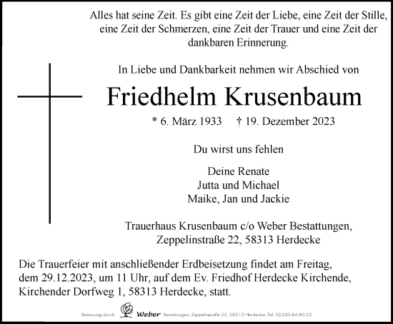 Traueranzeige von Friedhelm Krusenbaum von Tageszeitung