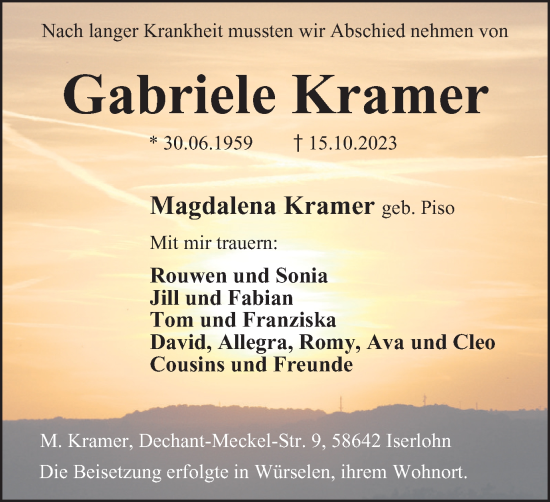 Traueranzeige von Gabriele Kramer von Tageszeitung