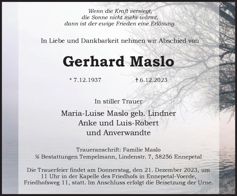  Traueranzeige für Gerhard Maslo vom 16.12.2023 aus Tageszeitung