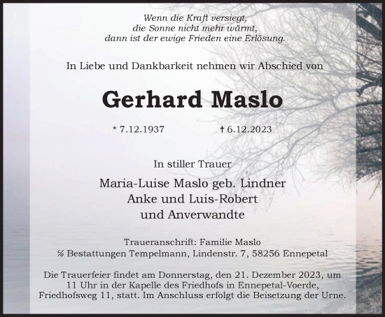 Traueranzeige von Gerhard Maslo von Tageszeitung