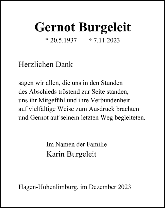 Traueranzeige von Gernot Burgeleit von Tageszeitung