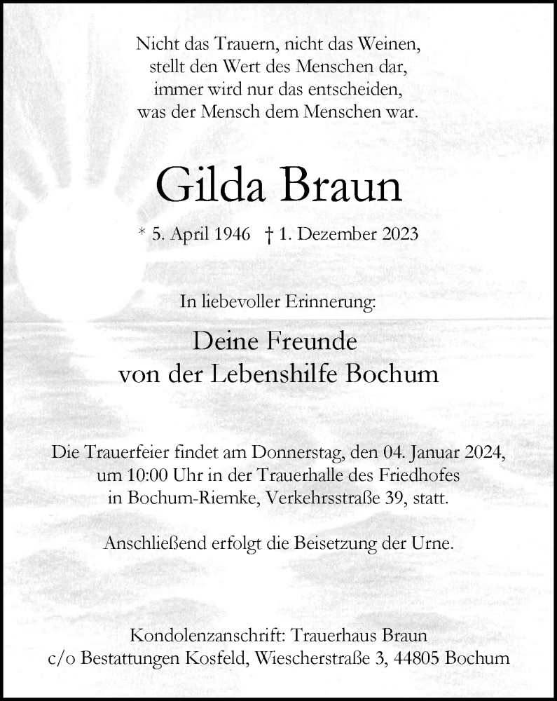  Traueranzeige für Gilda Braun vom 23.12.2023 aus Tageszeitung