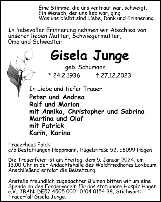 Traueranzeige von Gisela Junge von Tageszeitung