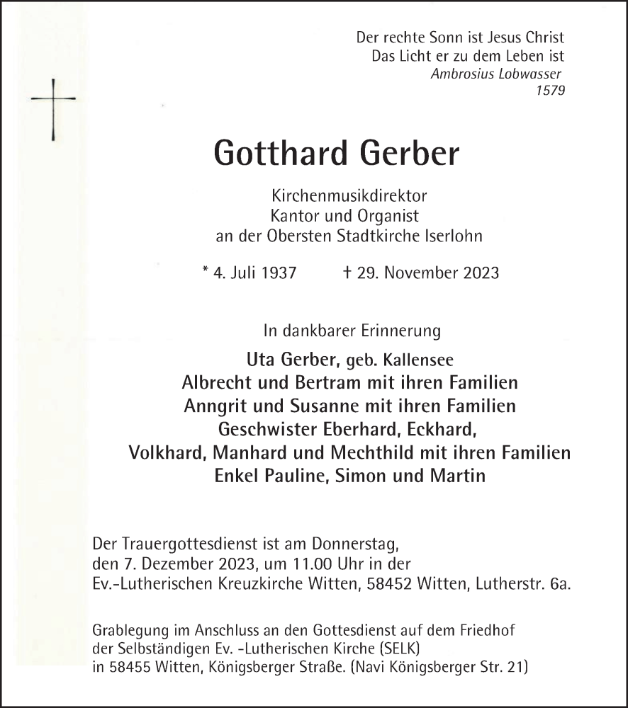  Traueranzeige für Gotthard Gerber vom 02.12.2023 aus Tageszeitung