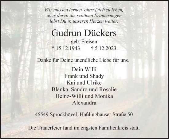 Traueranzeige von Gudrun Dückers von Tageszeitung