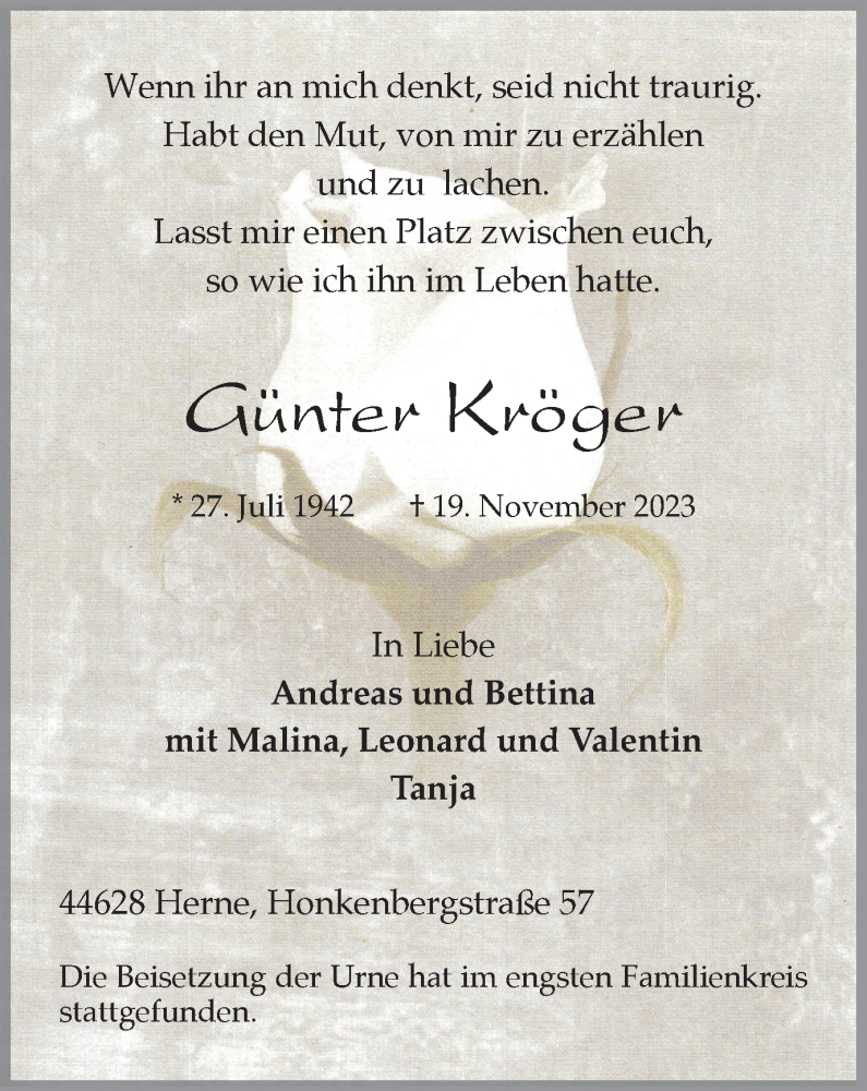  Traueranzeige für Günter Kröger vom 02.12.2023 aus Tageszeitung