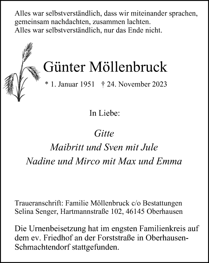  Traueranzeige für Günter Möllenbruck vom 16.12.2023 aus Tageszeitung