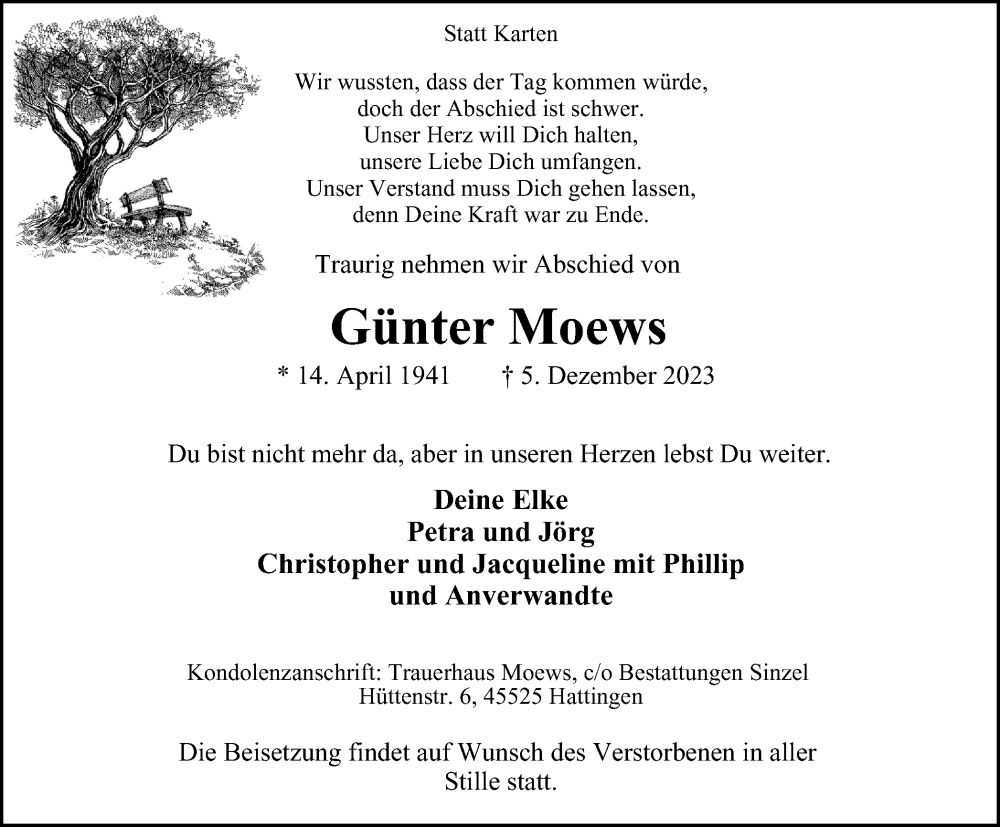  Traueranzeige für Günter Moews vom 16.12.2023 aus Tageszeitung