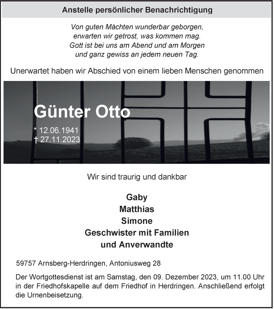  Traueranzeige für Günter Otto vom 07.12.2023 aus Tageszeitung